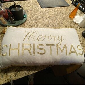 Merry Christmas Gold Embroidered Rectangle White Throw Pillow